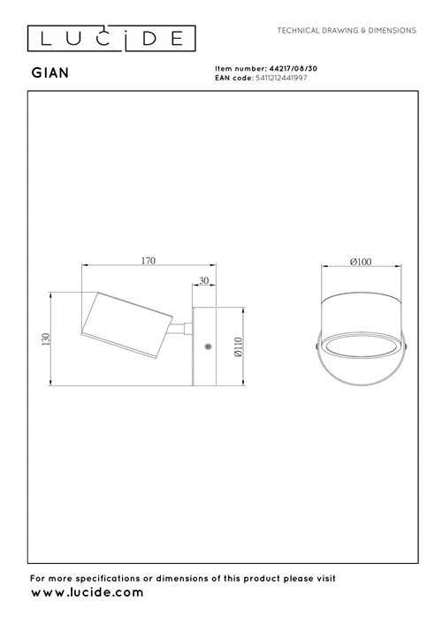 Lucide GIAN - Wall light - LED Dim. - 1x9W 2700K - Black - technical
